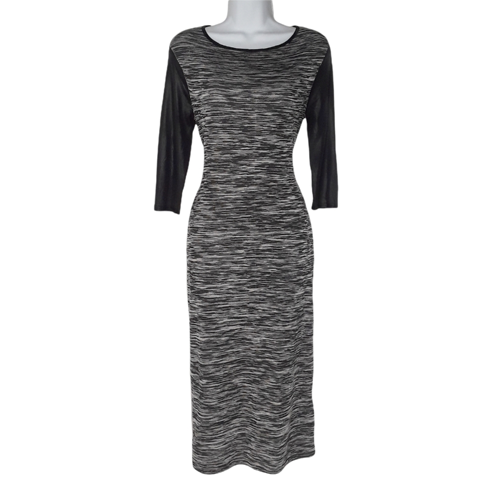 NEW LOOK Gray Marled Black Faux Leather Sleeves Midi Stretchy Dress 14